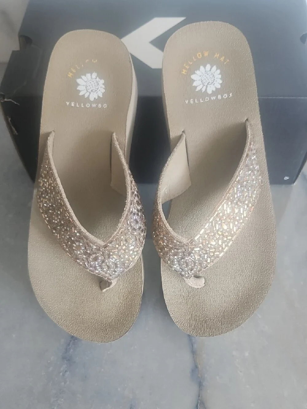 Yellow Box rhinestone‑studded straps